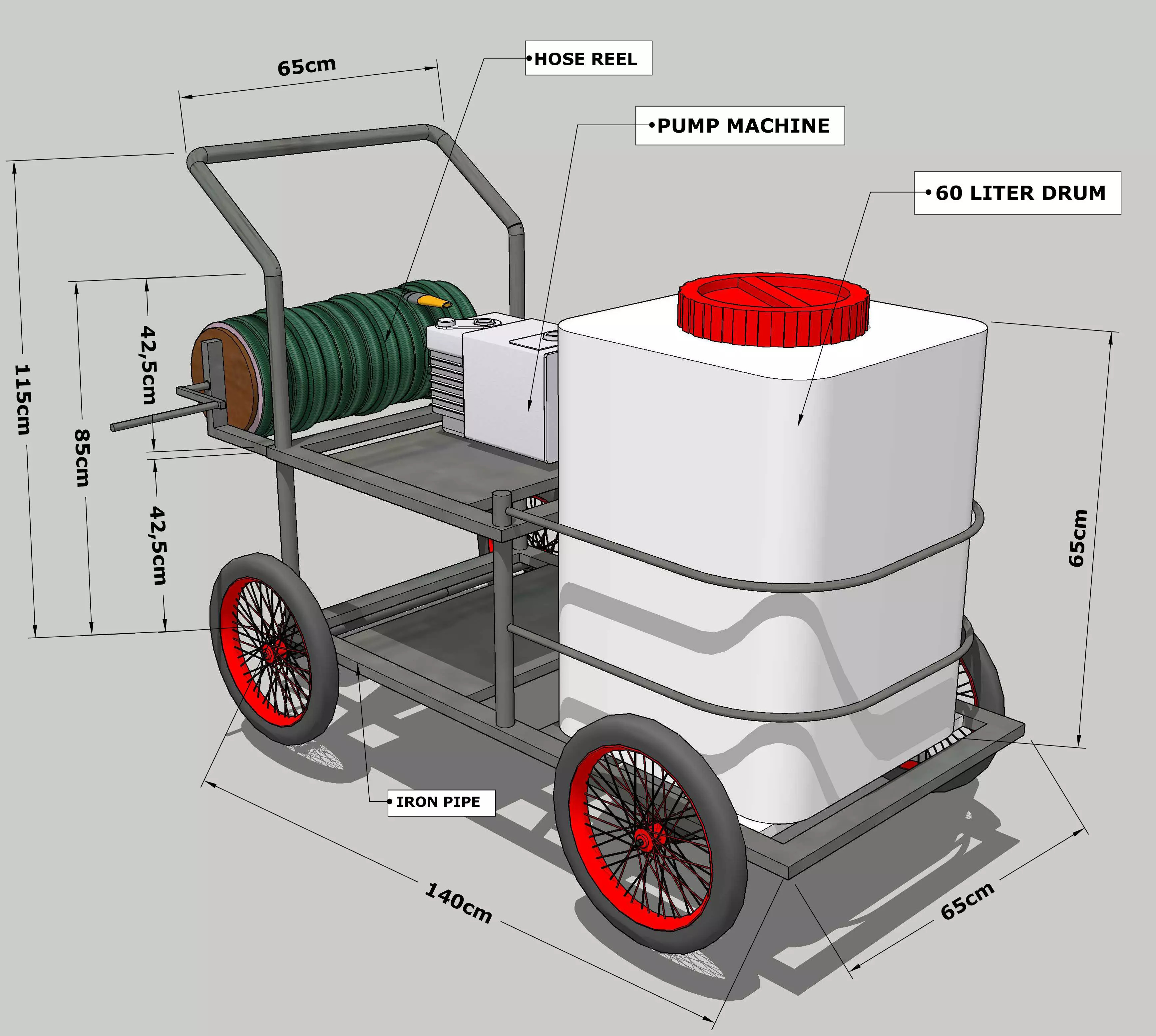 Mobile Water Sprayer Cart with Pump and 60L Tank 3D Model 3D Model