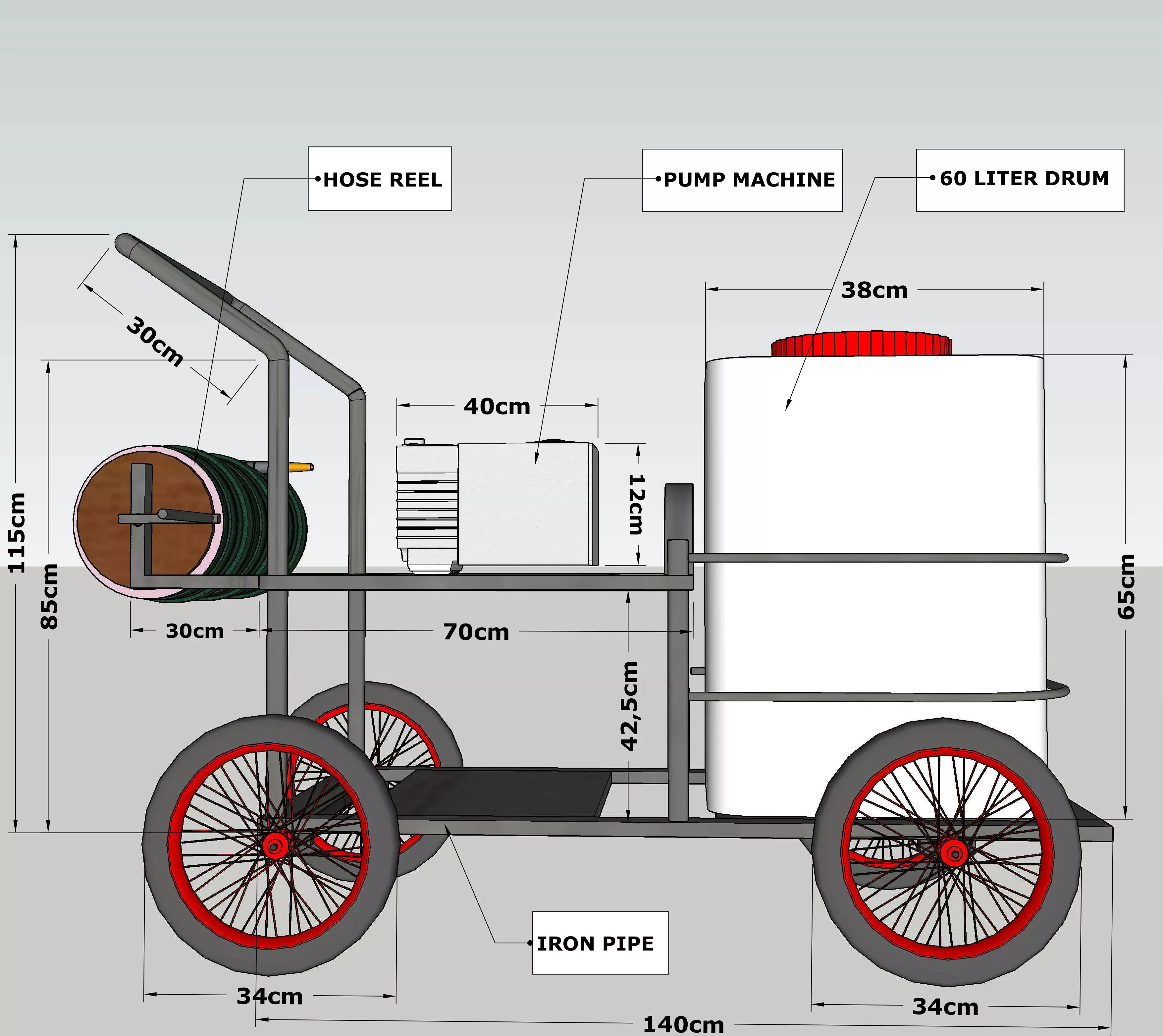 Mobile Water Sprayer Cart with Pump and 60L Tank 3D Model 3D Model