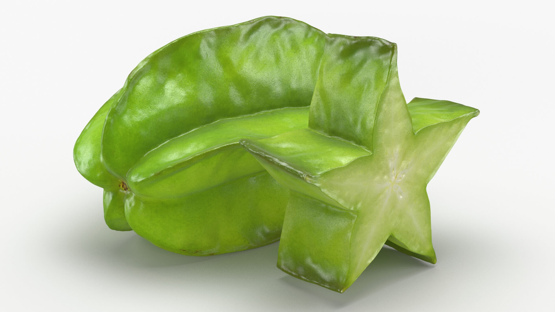 Green Star Fruit and Slice 3D Model