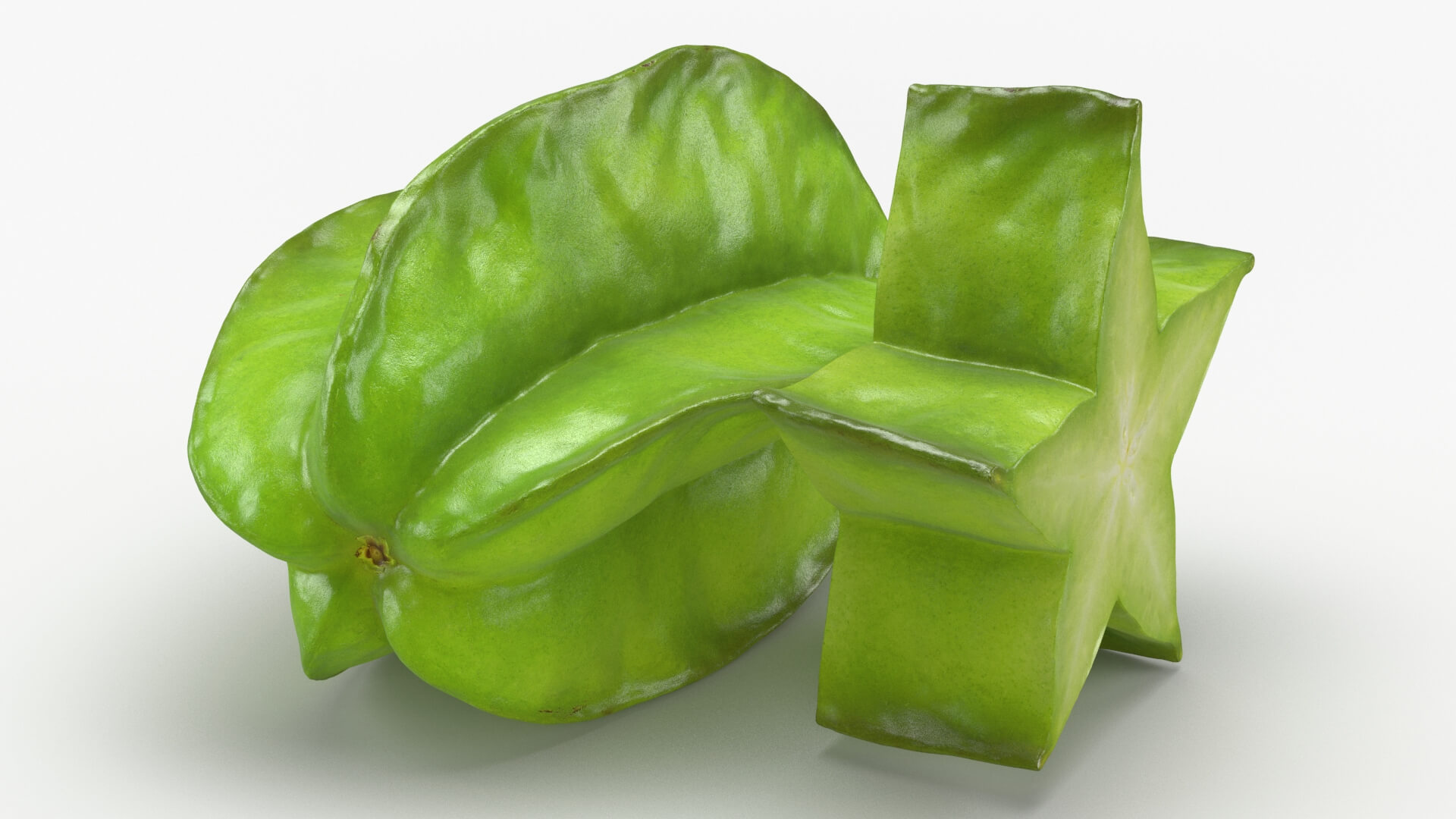 Green Star Fruit and Slice 3D Model