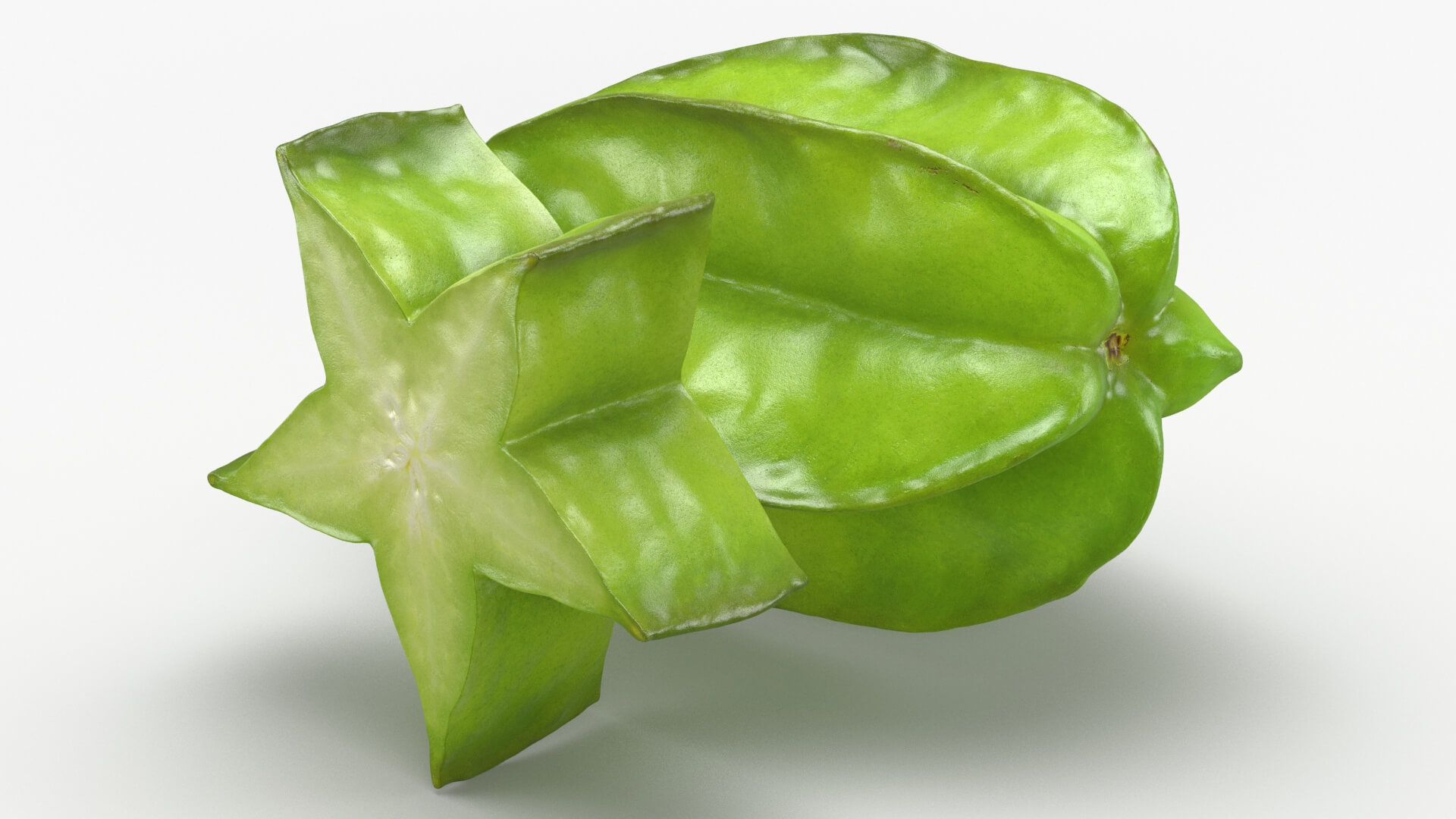 Green Star Fruit and Slice 3D Model