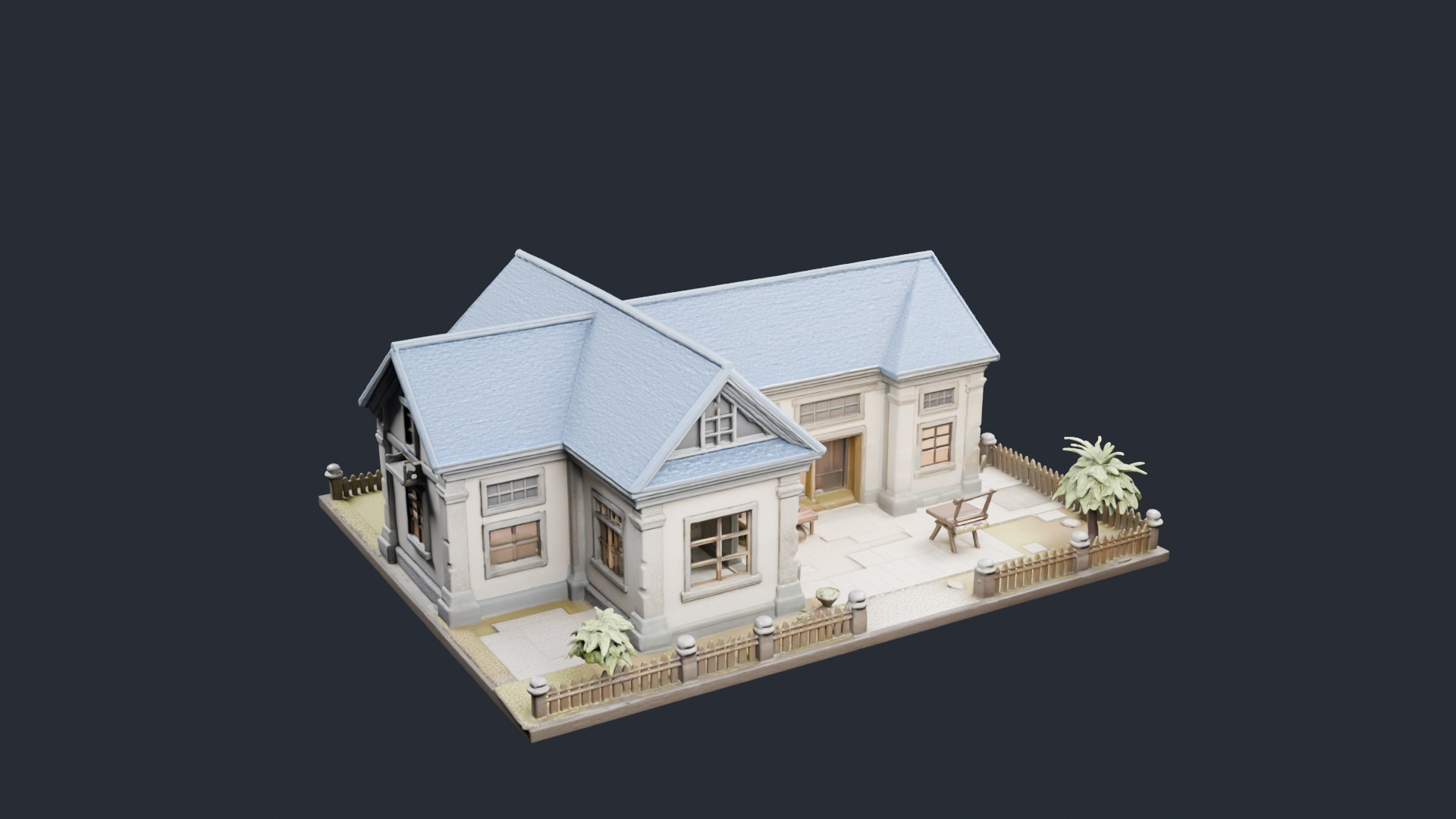 Blue Roof House with Garden - AI Generated 3D Model