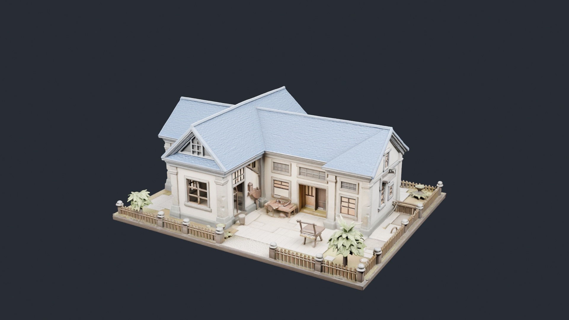 Blue Roof House with Garden - AI Generated 3D Model