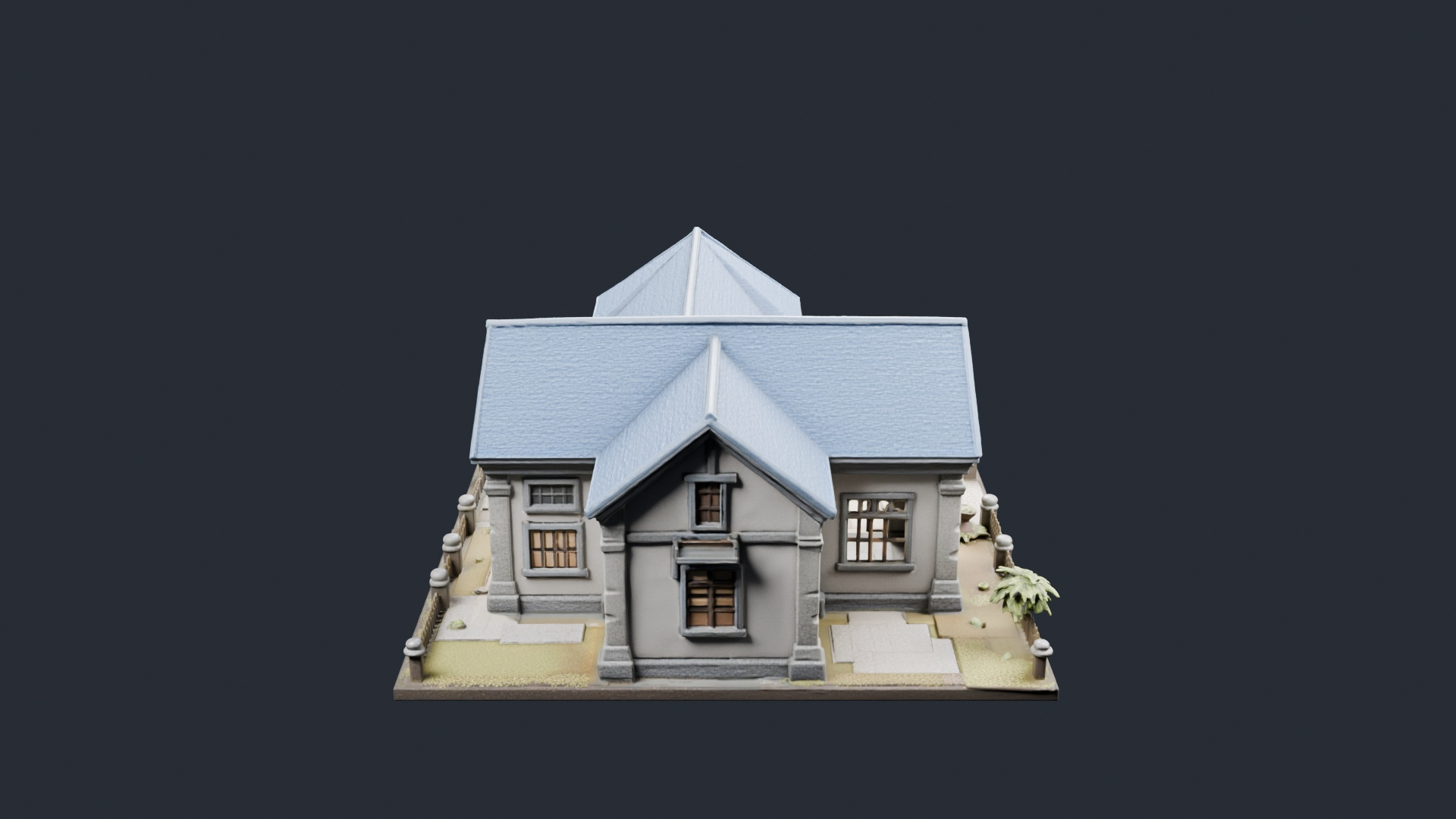Blue Roof House with Garden - AI Generated 3D Model