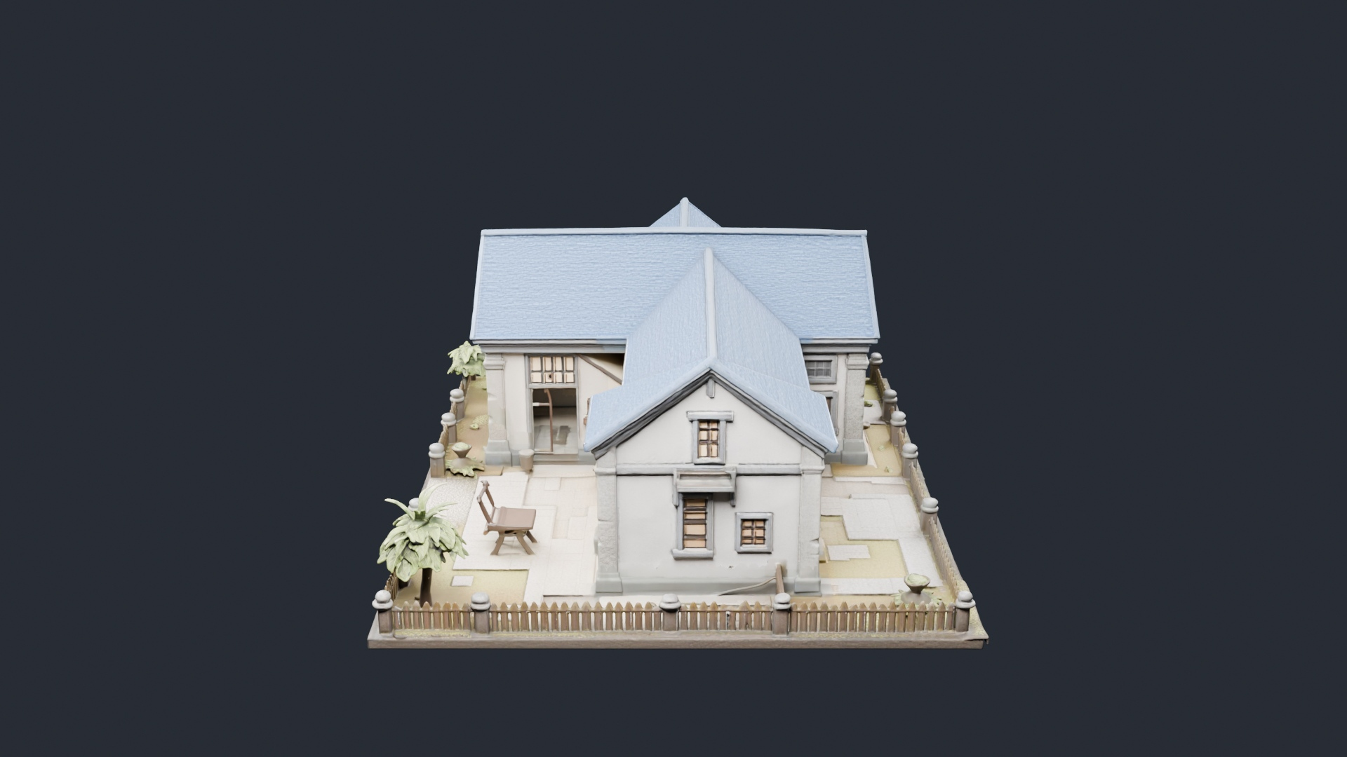 Blue Roof House with Garden - AI Generated 3D Model