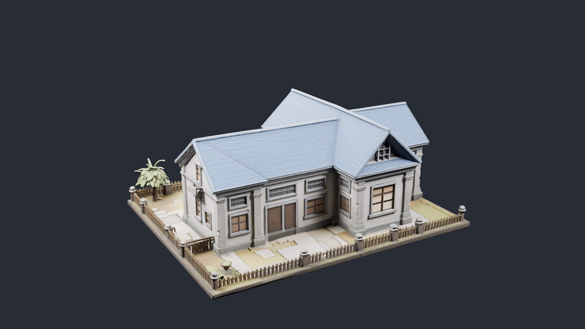 Blue Roof House with Garden - AI Generated 3D Model