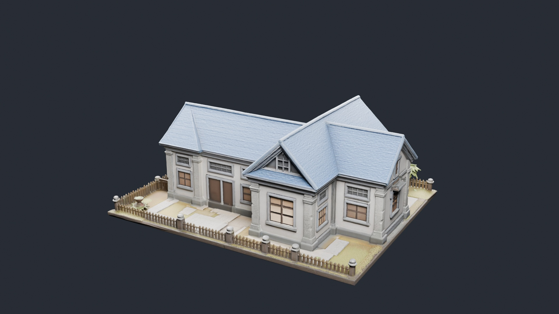 Blue Roof House with Garden - AI Generated 3D Model