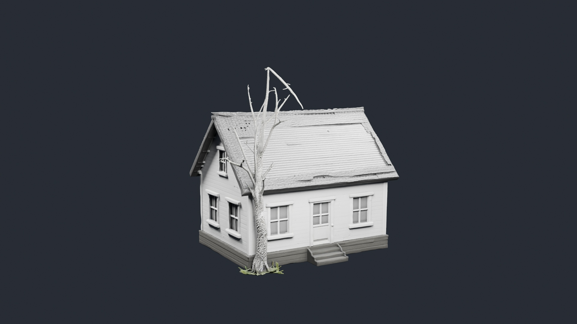 Grey Cottage with Bare Tree - AI Generated 3D Model