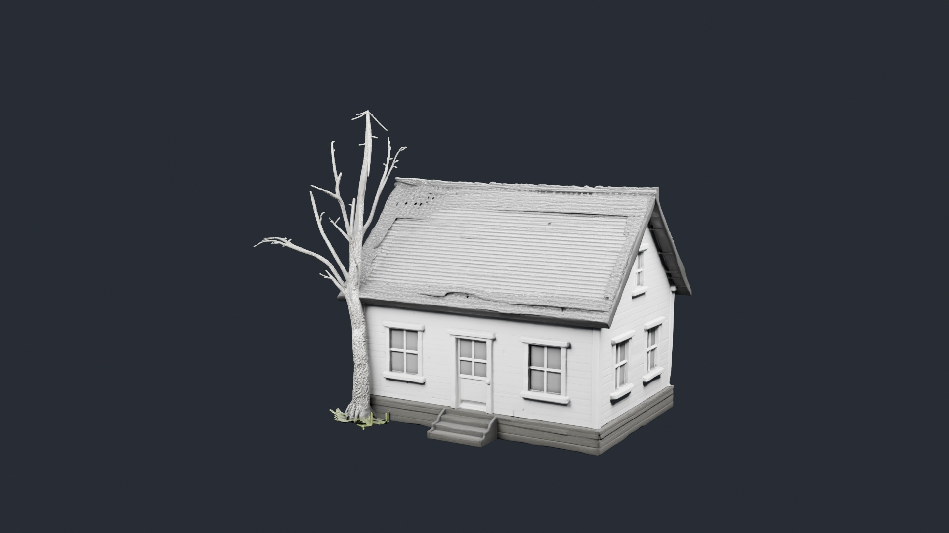 Grey Cottage with Bare Tree - AI Generated 3D Model