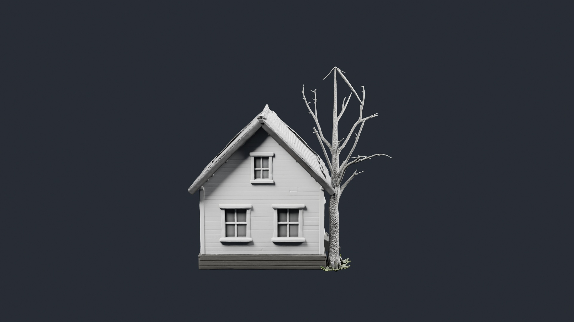 Grey Cottage with Bare Tree - AI Generated 3D Model