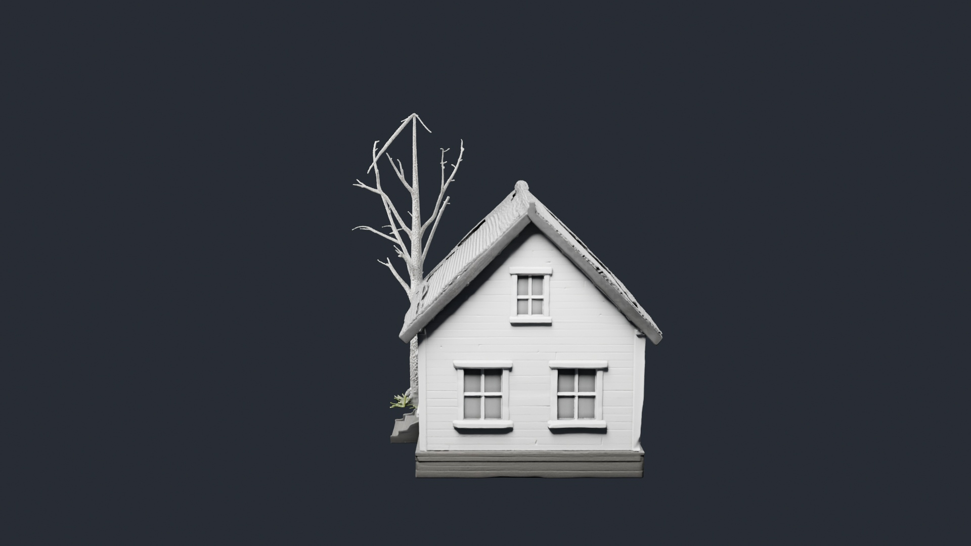 Grey Cottage with Bare Tree - AI Generated 3D Model