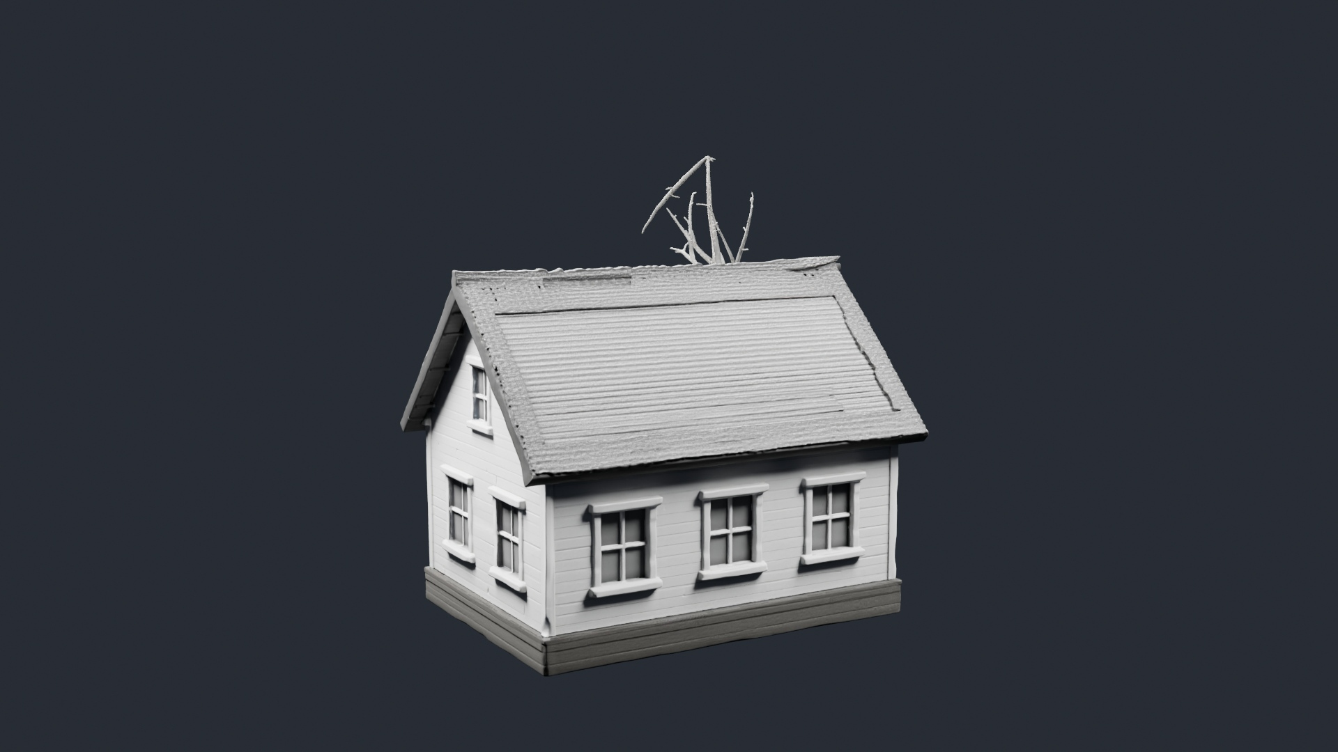 Grey Cottage with Bare Tree - AI Generated 3D Model