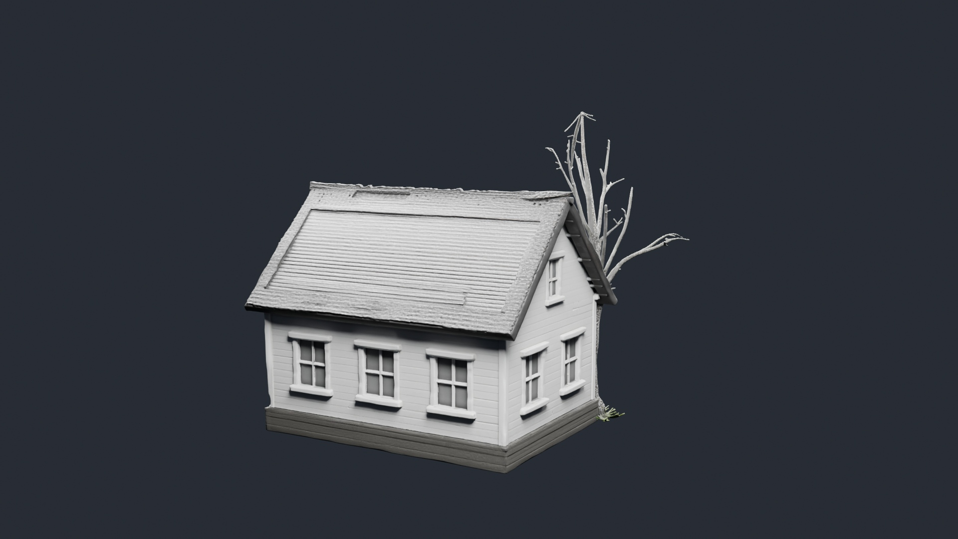 Grey Cottage with Bare Tree - AI Generated 3D Model