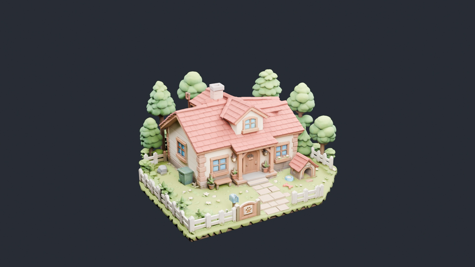 Stylized Red Roof Cottage Diorama - AI Generated 3D Model