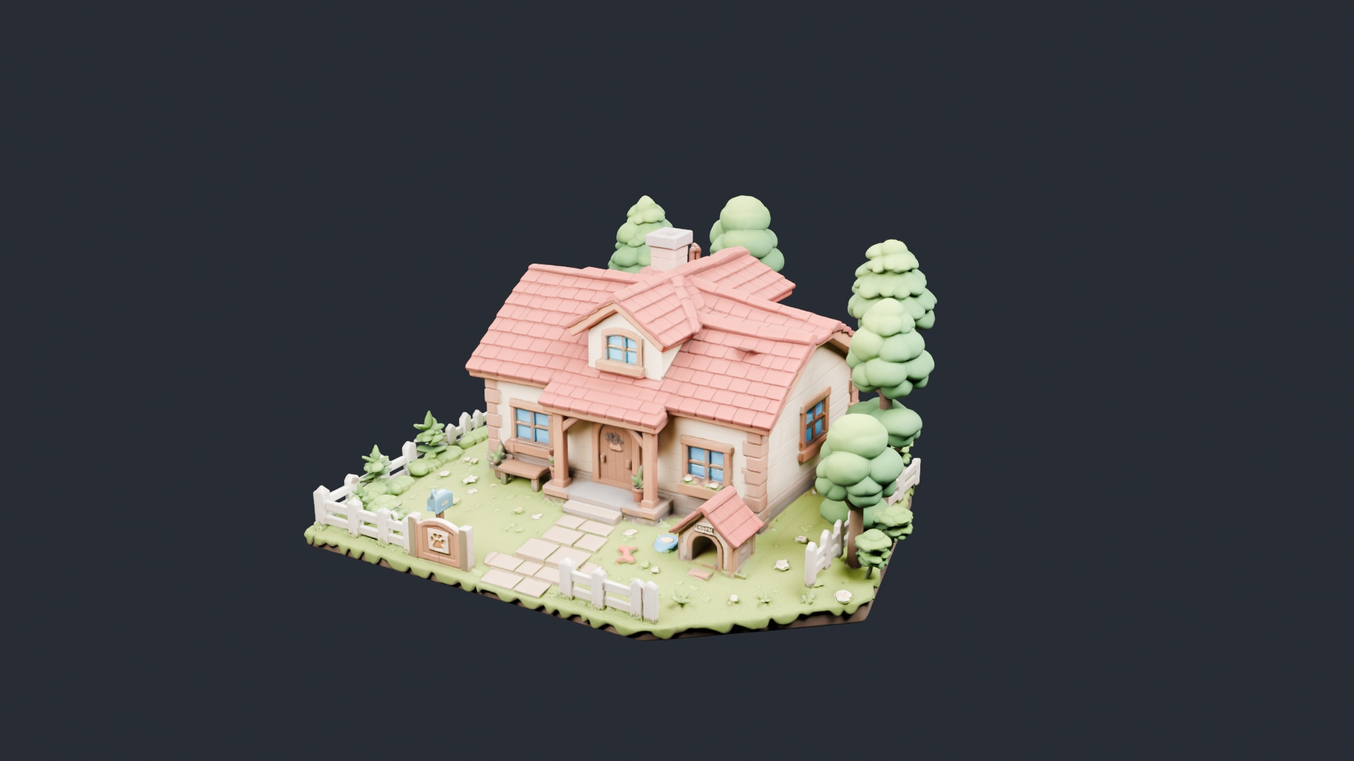 Stylized Red Roof Cottage Diorama - AI Generated 3D Model