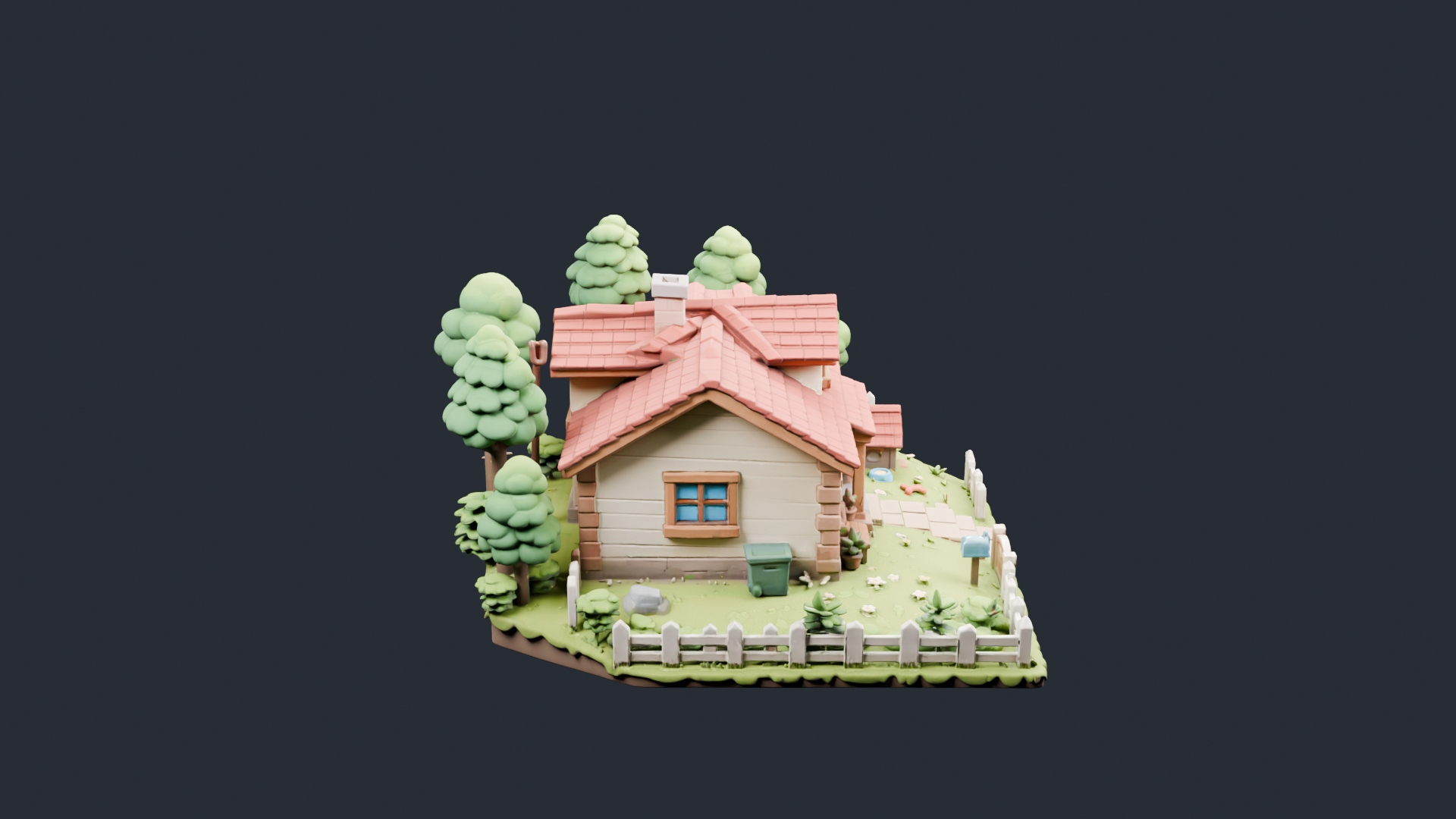 Stylized Red Roof Cottage Diorama - AI Generated 3D Model