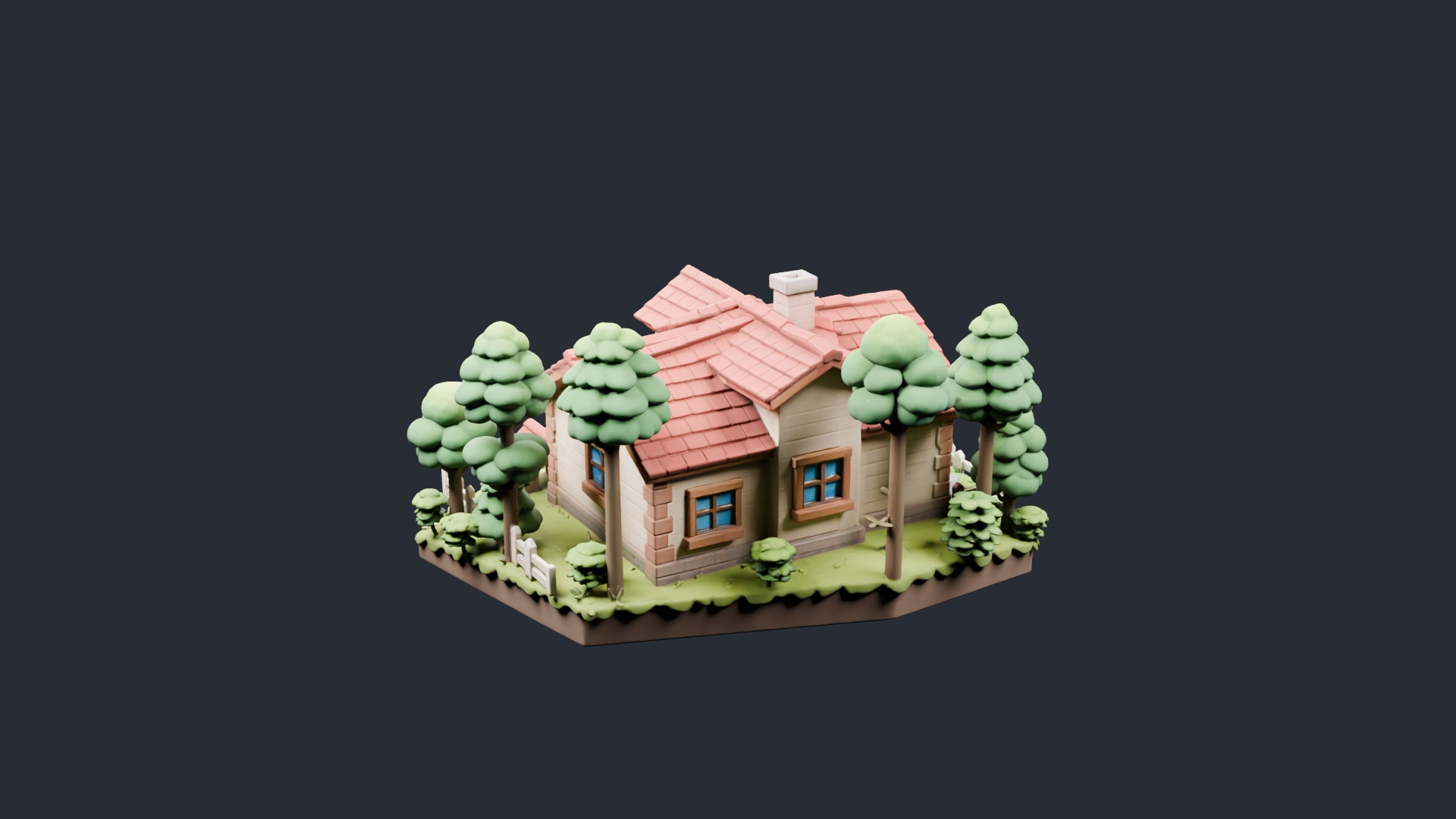 Stylized Red Roof Cottage Diorama - AI Generated 3D Model