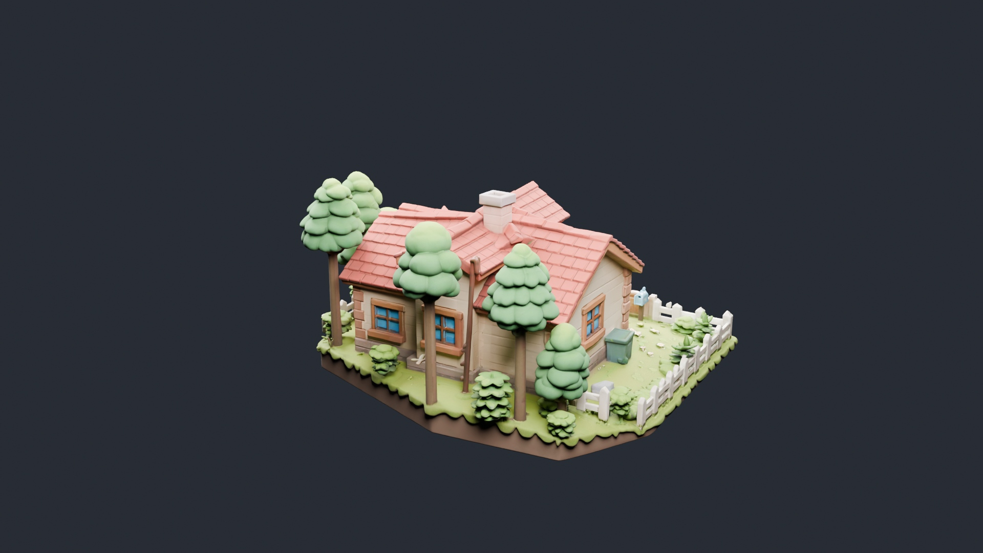 Stylized Red Roof Cottage Diorama - AI Generated 3D Model