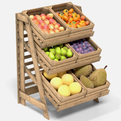 Fruits Large Wooden Rack and Crate with Fruits v3