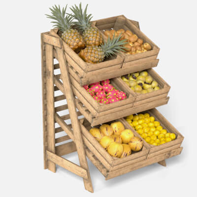 Fruits Large Wooden Rack and Crate with Fruits V4