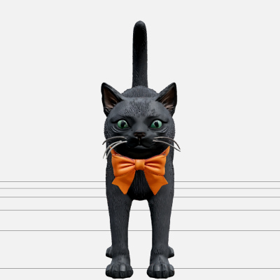 Black Cat Ornament with Emerald Eyes and Orange Bow 3D Model