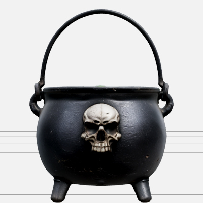 Black Iron Cauldron With Green Potion and Skull 3D Model