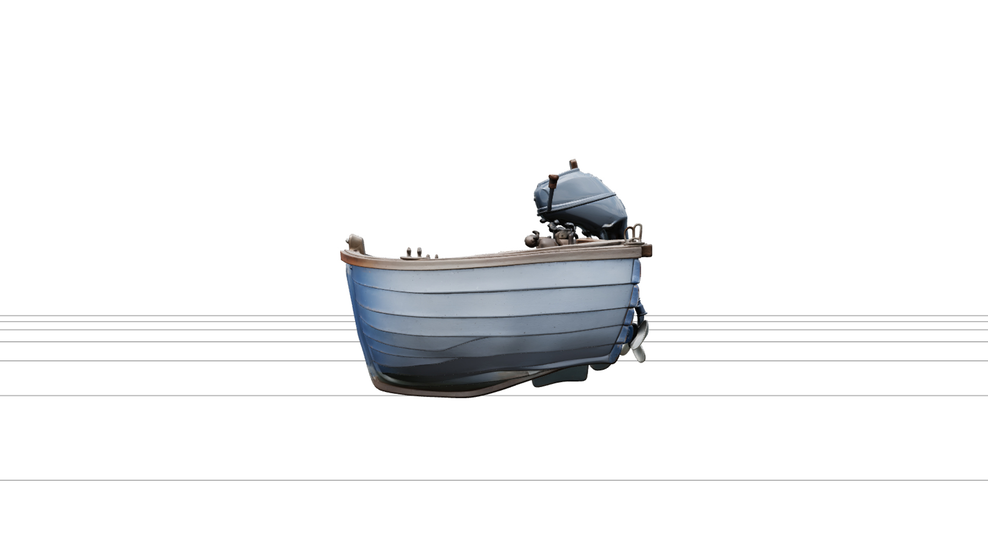 Classic Wooden Outboard Skiff 3D Model with Tiller Bench Sea 3D Model