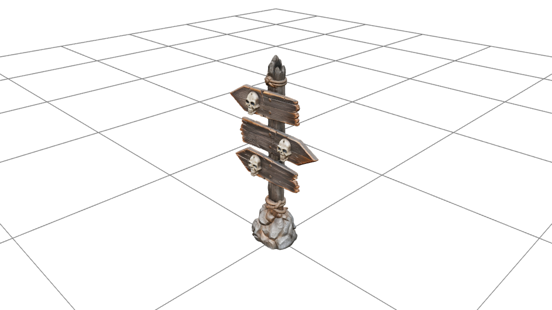 Crooked Direction Signpost with Carved Skull Symbols 3D Mode 3D Model
