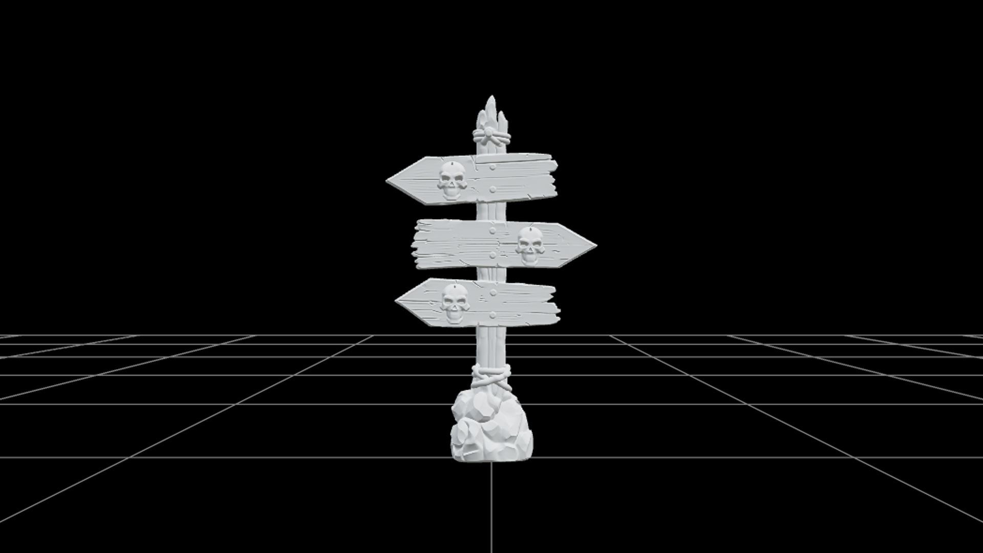 Crooked Direction Signpost with Carved Skull Symbols 3D Mode 3D Model