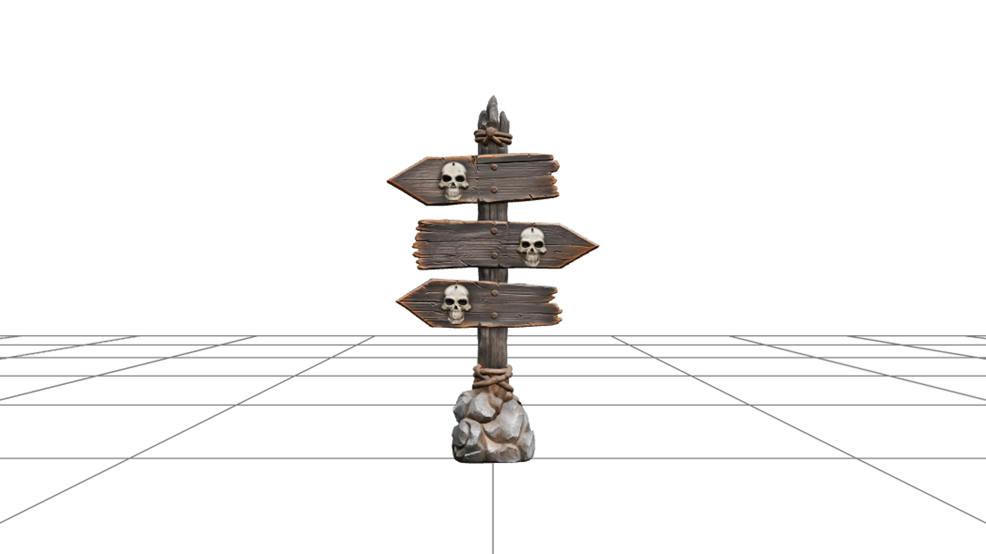Crooked Direction Signpost with Carved Skull Symbols 3D Mode 3D Model
