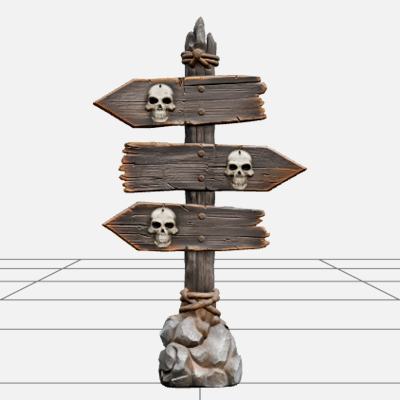 Crooked Direction Signpost with Carved Skull Symbols 3D Mode