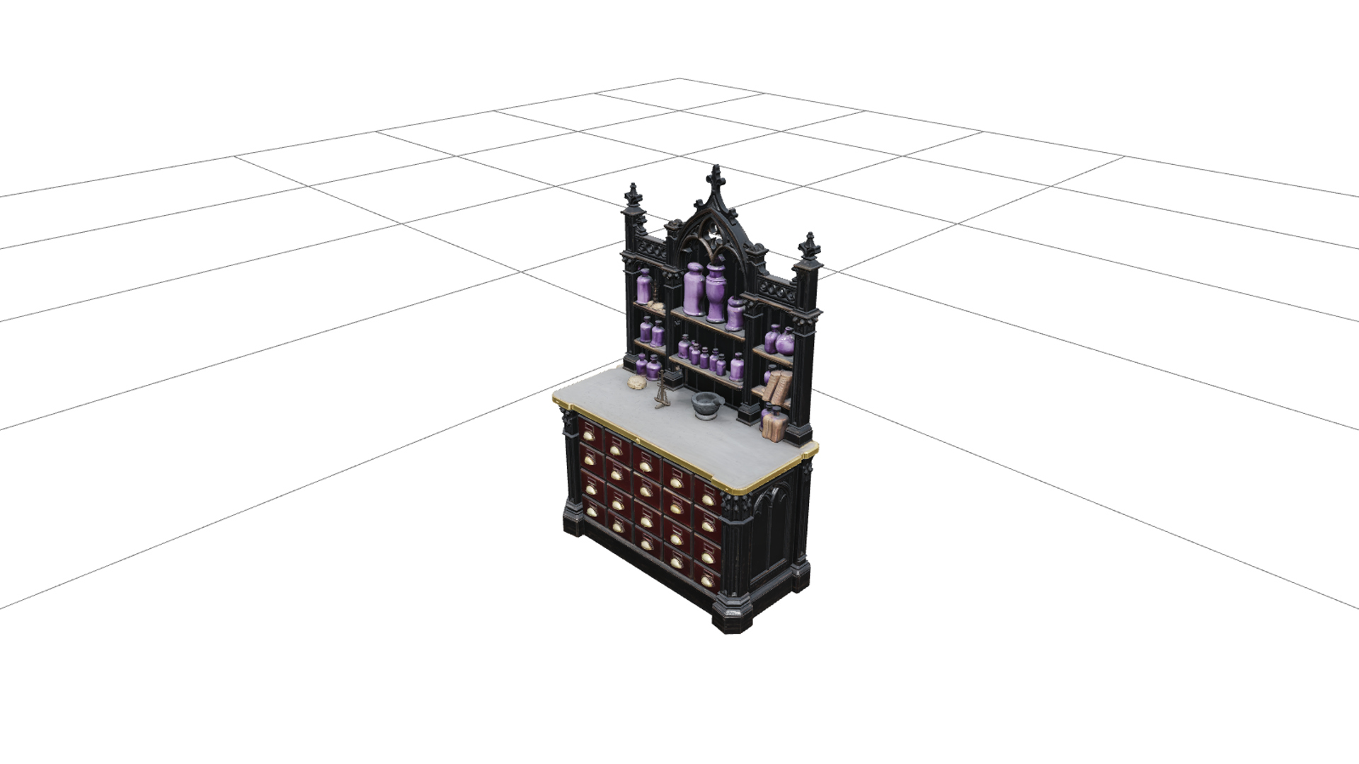 Gothic Apothecary Counter with Purple Jars 3D Model 3D Model