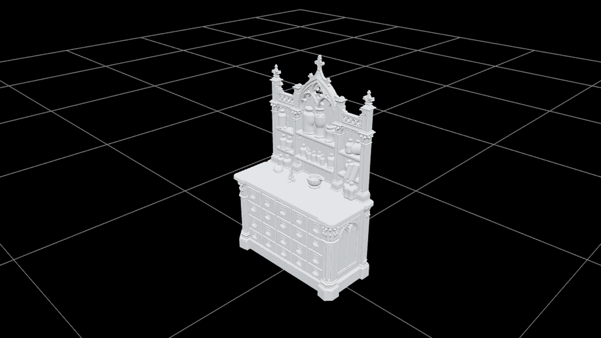 Gothic Apothecary Counter with Purple Jars 3D Model 3D Model