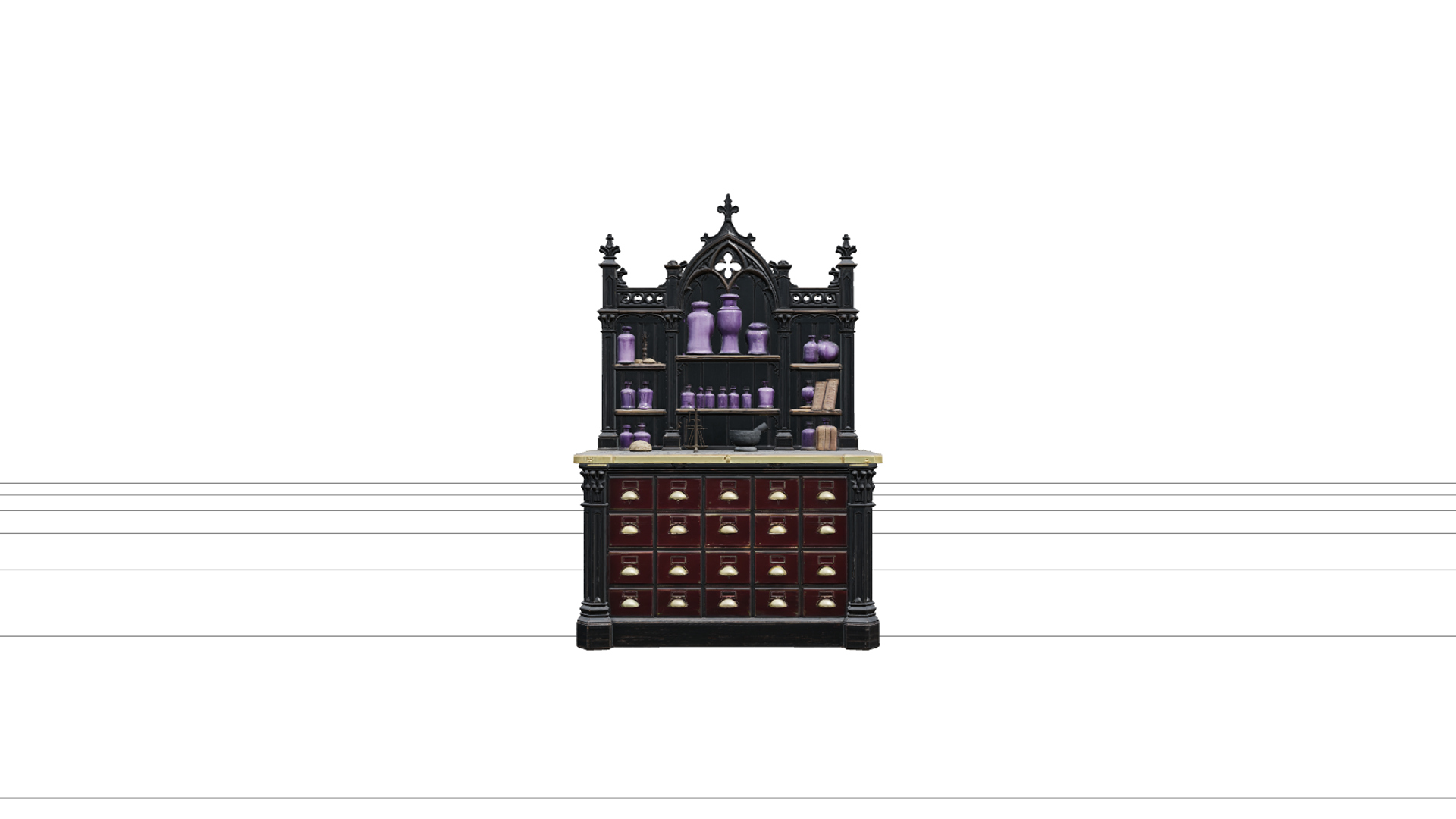 Gothic Apothecary Counter with Purple Jars 3D Model 3D Model