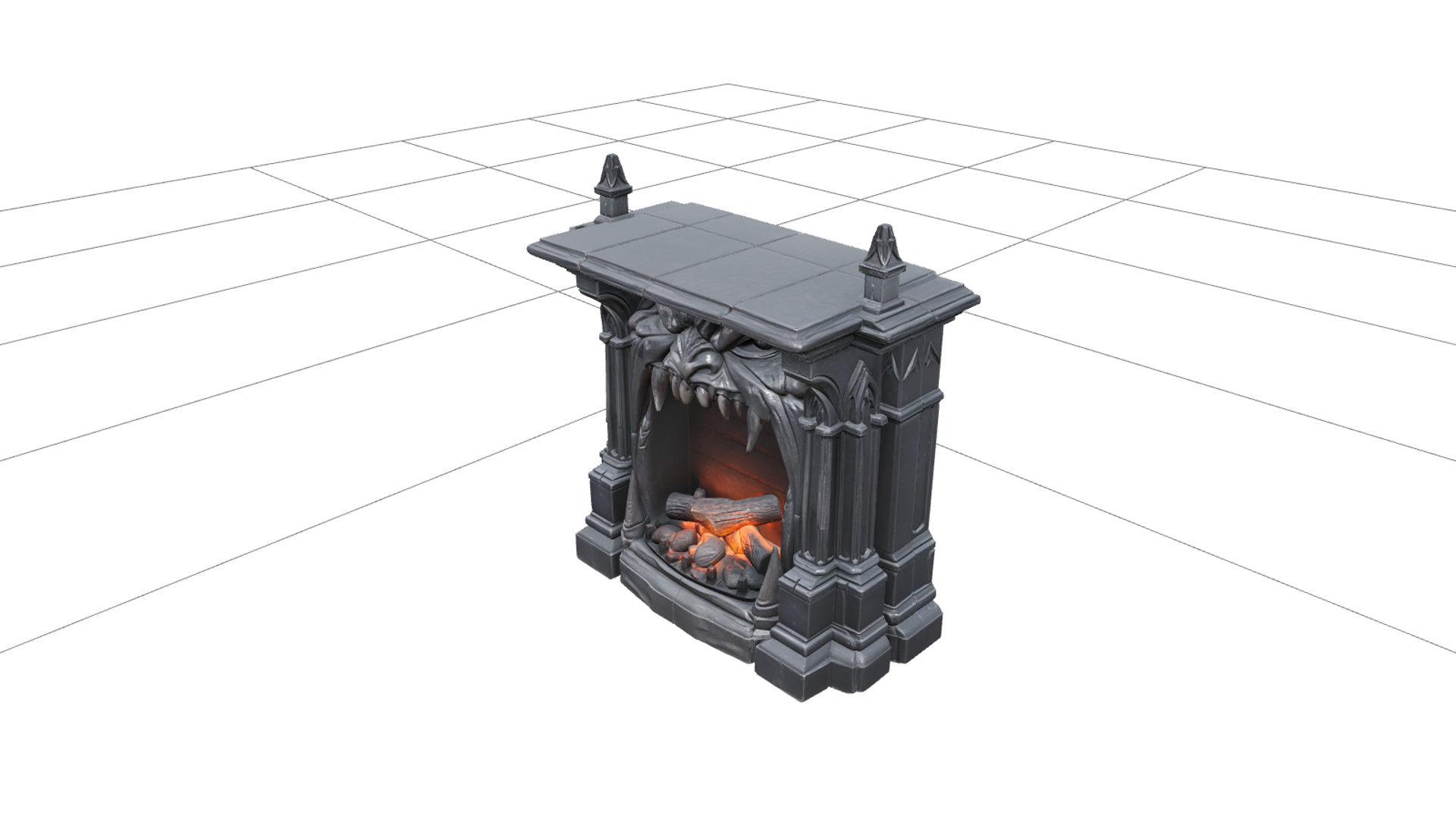 Gothic Fireplace with Monster Mouth and Orange Embers 3D Mod 3D Model