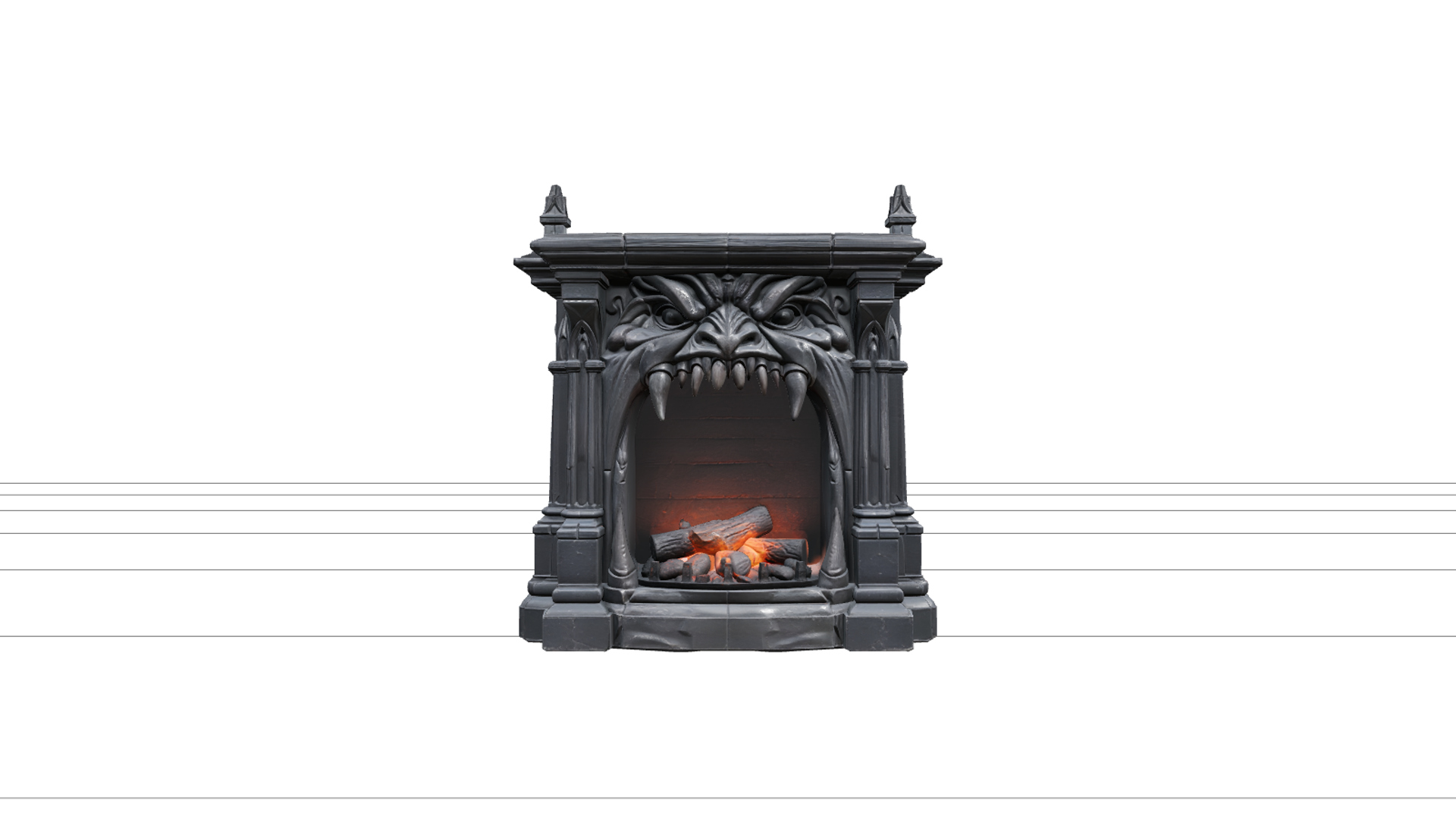 Gothic Fireplace with Monster Mouth and Orange Embers 3D Mod 3D Model