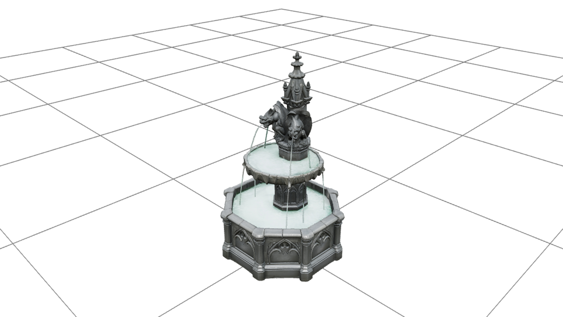 Gothic Fountain with Gargoyle Spouts and Green Water 3D Mode 3D Model