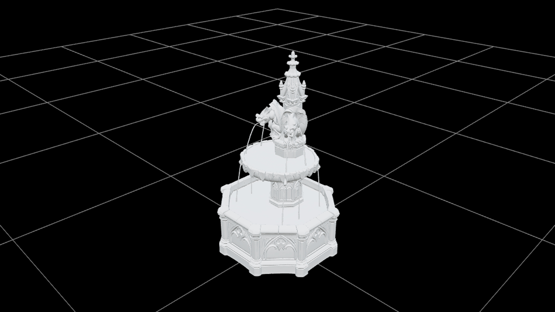 Gothic Fountain with Gargoyle Spouts and Green Water 3D Mode 3D Model