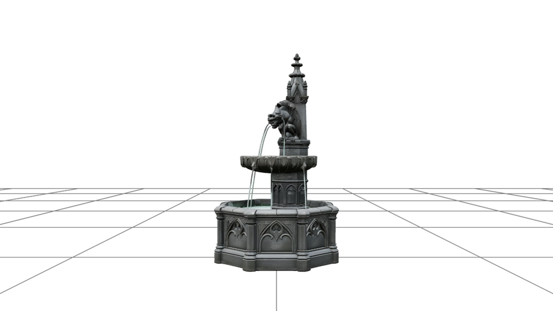 Gothic Fountain with Gargoyle Spouts and Green Water 3D Mode 3D Model