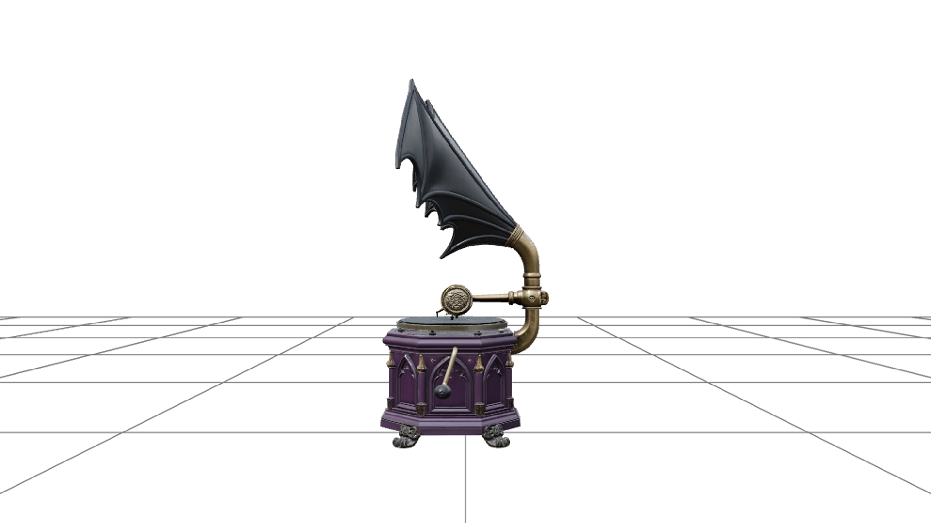 Gothic Gramophone with Bat Wing Horn and Brass Crank 3D Mode 3D Model