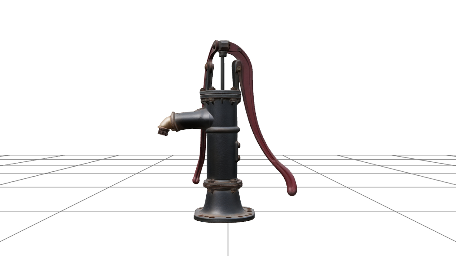 Gothic Hand Pump with Burgundy Handle and Brass Pipe 3D Mode 3D Model