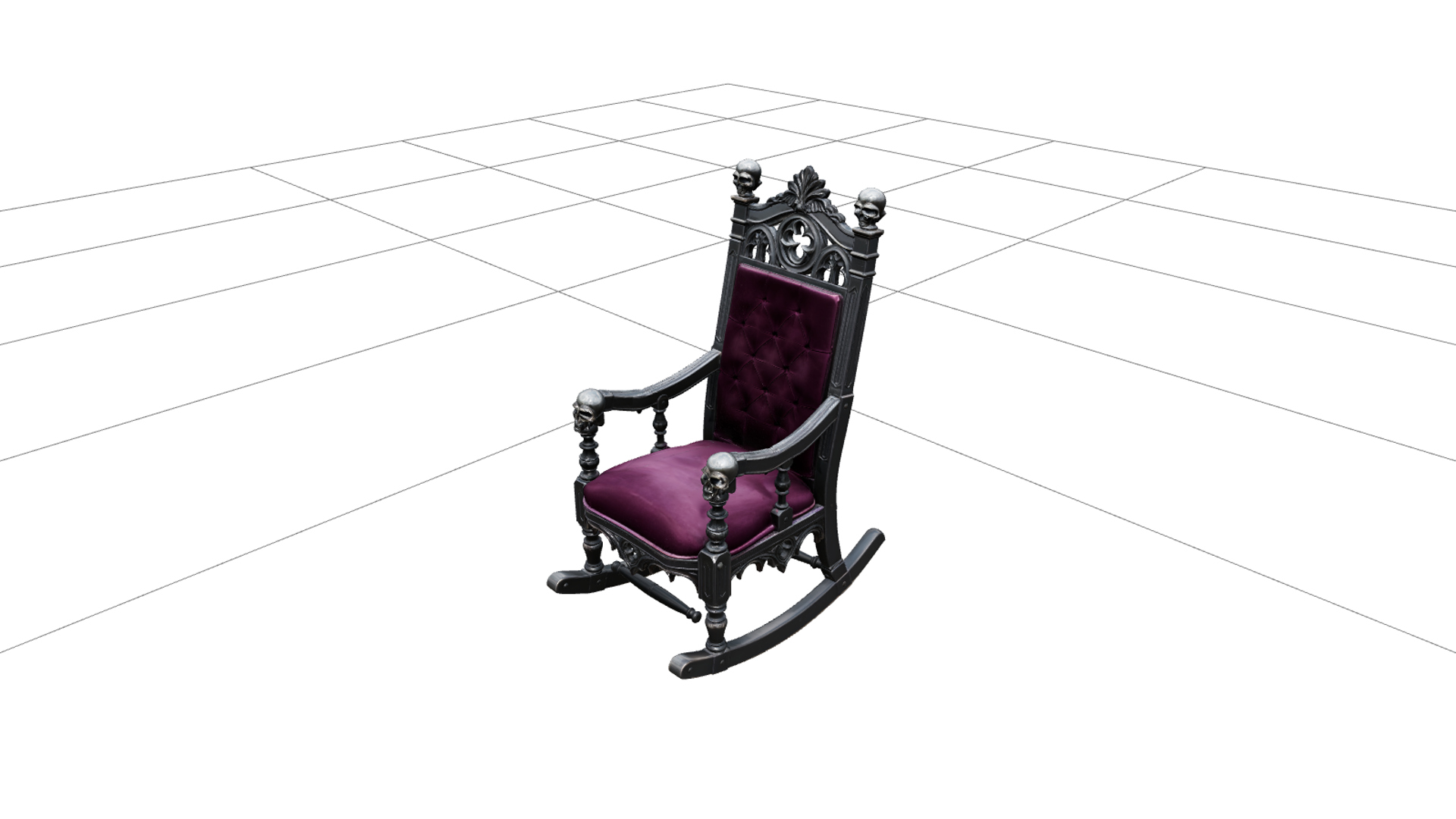 Haunted Rocking Chair with Plum Cushion Skull Finials 3D Mo 3D Model