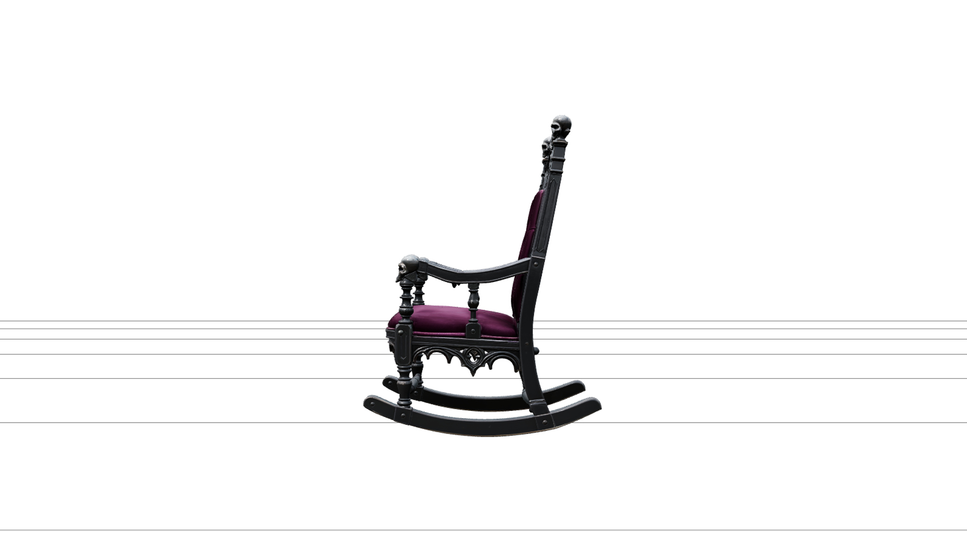 Haunted Rocking Chair with Plum Cushion Skull Finials 3D Mo 3D Model
