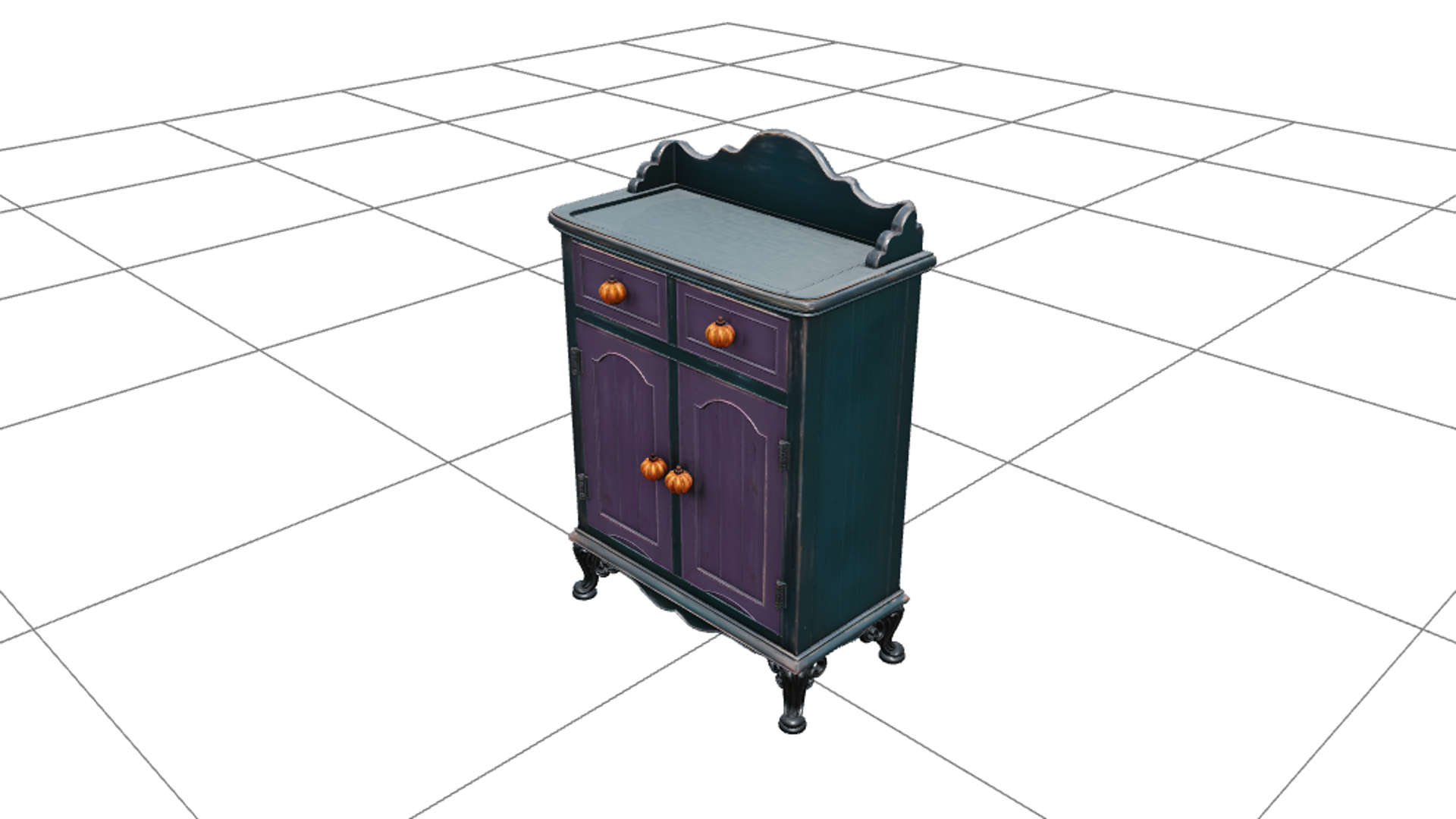 Kitchen Cabinet with Purple Doors and Iron Feet 3D Model 3D Model