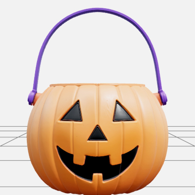 Pumpkin Candy Bucket with Black Face Purple Handle 3D Model