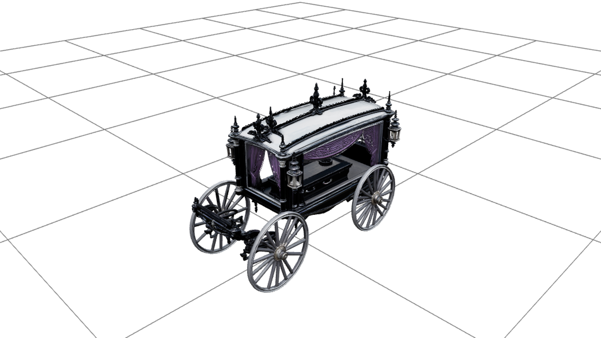 Victorian Hearse with Purple Curtains Silver Spokes 3D Model 3D Model