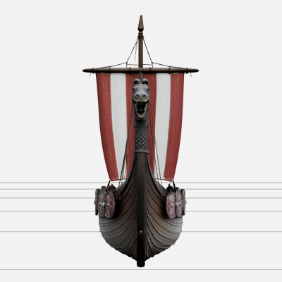 Viking Longship 3D Model with Dragon Prow Striped Sail