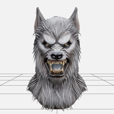 Werewolf Mask with Gray Fur and Cream Fangs 3D Model Asset