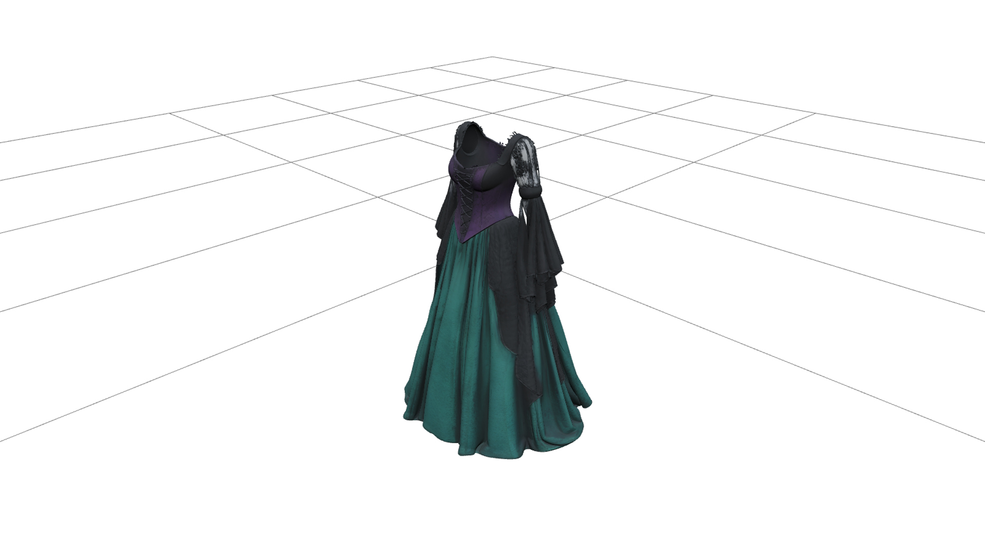 Witch Dress with Emerald Fabric and Purple Corset 3D Model 3D Model