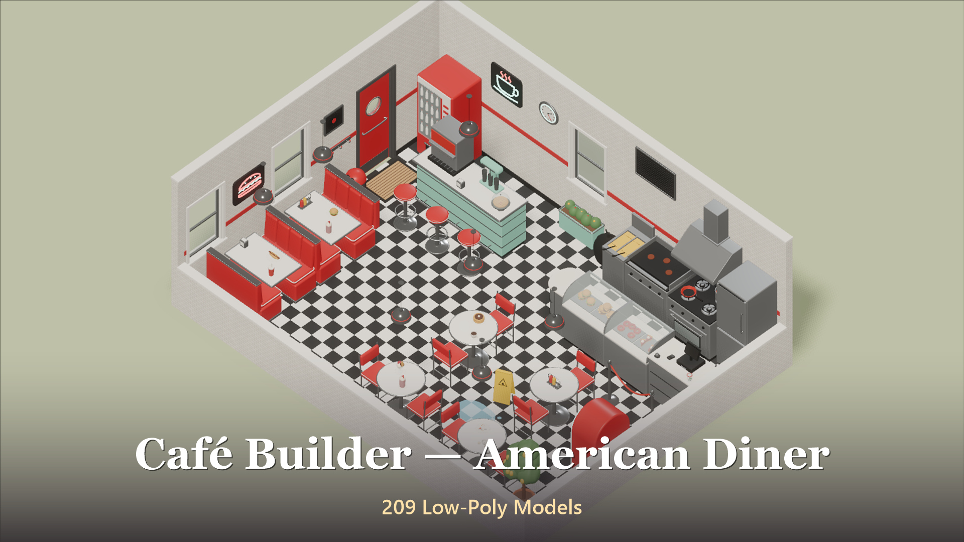 Cafe Builder - American Diner - 209 Low-Poly Models 3D Model